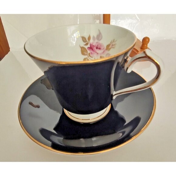 Vintage Aynsley Black Cup Set with Red Rose Flower Cup #2964 Gold Trim - Picture 2 of 11